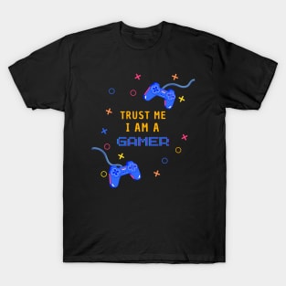 Trust Me I Am A Gamer - Yellow Text With Controllers T-Shirt